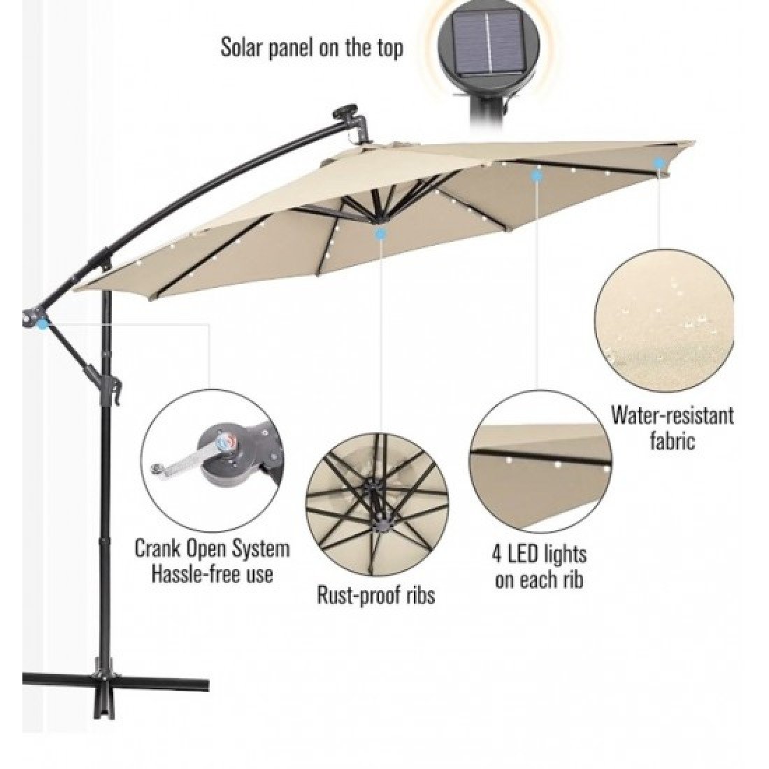 Επαγγελματική Κρεμαστή Ομπρέλα Τηλεσκοπική 3m, Περιστρεφόμενη, Μπεζ - Image 3