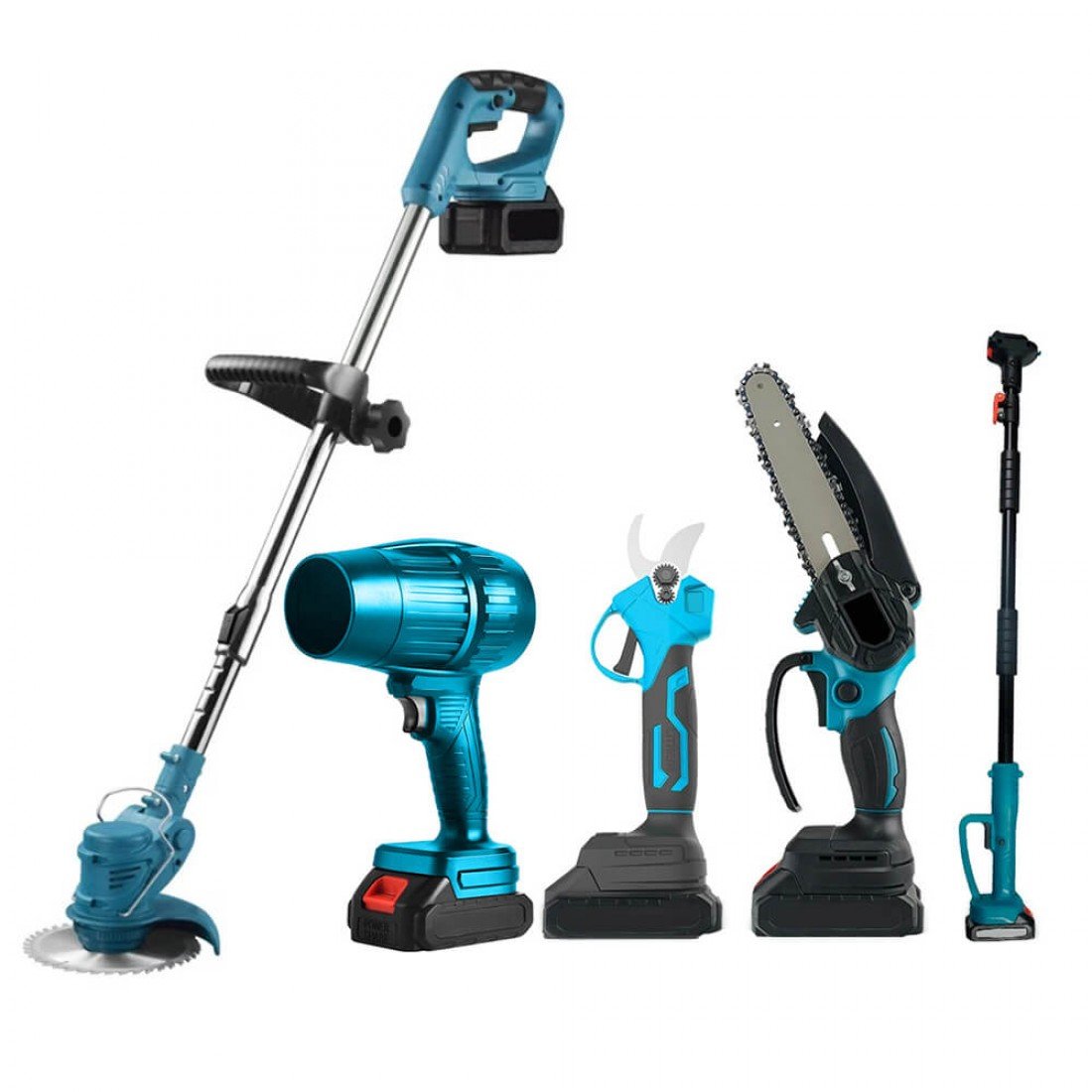 SET 5 Σε 1 – Επαναφορτιζόμενο Σετ Κηπουρικής Με Χορτοκοπτικό,Ψαλίδι Κλαδέματος, Αλυσοπρίονο & Φυσητήρα